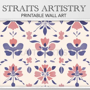 May include: Printable wall art featuring a repeating pattern of pink and blue stylized flowers on a cream background. The design is reminiscent of a traditional tile pattern.
