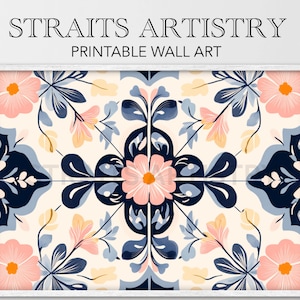 May include: A printable wall art design featuring a symmetrical pattern of pink and blue flowers with yellow centers on a white background. The design is framed in a white frame.