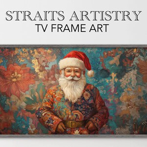 May include: A framed painting of Santa Claus wearing a red hat and a colorful patterned coat. The background is a blue and green floral pattern.