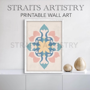 May include: Printable wall art featuring a geometric design with pink, blue, and yellow colors. The design is centered on a cream background and framed in white.