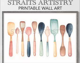 Pastel Kitchen Utensil Watercolor Art Print | Modern Home Decor (Digital Download)