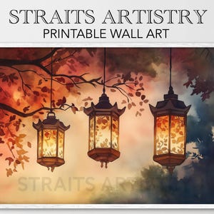 Autumn Theme Art| Glowing Peranakan Lanterns | Watercolor Painting of Warm Autumn Evening | Unique Fall Wall Art PWA-0043