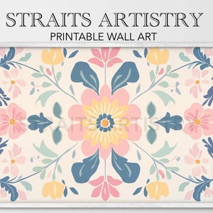 Minimalistisch Peranakan-batikkunstwerk| Pastel bloemen en geometrisch ontwerp | Trendy digitale poster downloaden PWA-0022