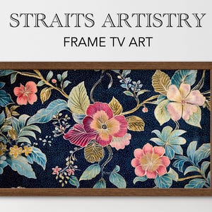 May include: A framed print of a floral design with pink, red, and gold flowers on a dark blue background. The frame is brown wood.