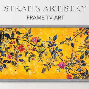 Könnte beinhalten: Ein gerahmter Druck auf gelbem Hintergrund mit einem schwarzen Zweig mit blauen Blättern und roten, rosa und violetten Blüten. Der Titel "STRAITS ARTISTRY FRAME TV ART" befindet sich oben im Bild.