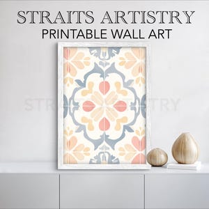 May include: A framed print of a colorful geometric pattern in shades of blue, pink, and yellow. The print is titled "Straits Artistry Printable Wall Art".