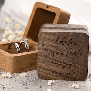 Engagement Ring Box, Wooden Wedding Ceremony Ring Box, Personalized Engraved Square Ring Bearer, Anniversary, Proposal Ring Box Holder