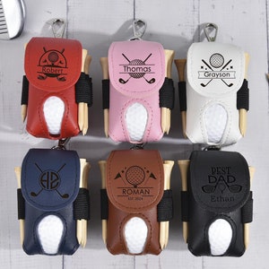 Sac de balle de golf personnalisé gravé, porte-balle de golf et tees en cuir personnalisé, cadeau de golf, cadeaux de golf pour hommes, porte-balle de mini golf
