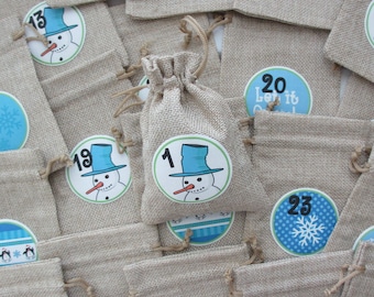 Burlap Christmas Countdown Advent Bags, Snowman Advent Calendar, Kids Countdown, Santa Countdown, Snowflake Bags