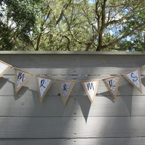 Mr. & Mrs. Burlap Wedding Banner -Gray Damask
