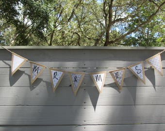 Mr. & Mrs. Burlap Wedding Banner -Gray Damask