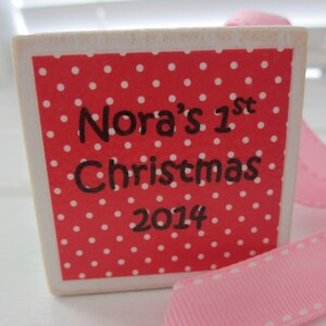 Baby's First Christmas Ornament, 1st Christmas, Personalized Baby Girl Wood Block Ornament, Birth Statistics, Sugarplums Pattern image 4
