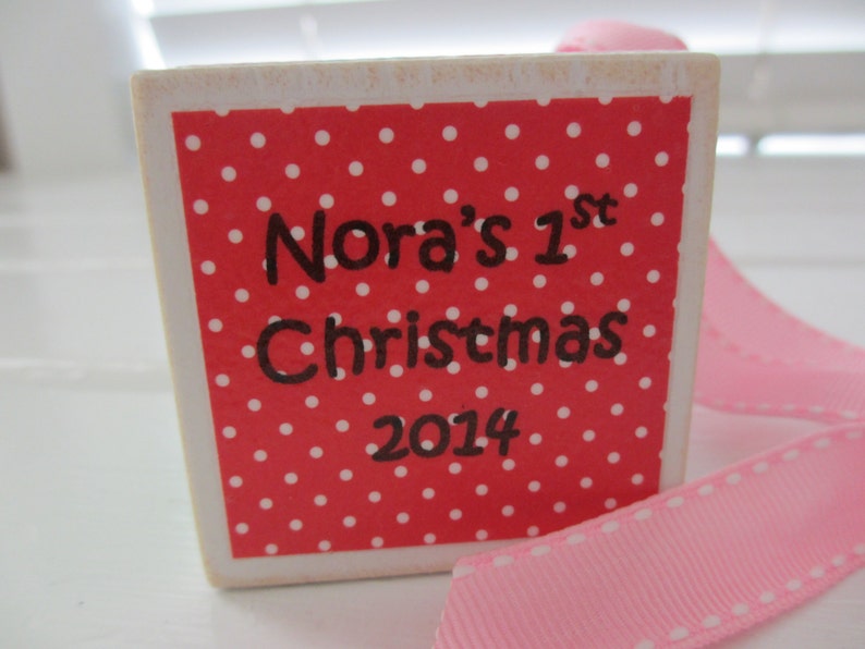 Baby's First Christmas Ornament, 1st Christmas, Personalized Baby Girl Wood Block Ornament, Birth Statistics, Sugarplums Pattern image 4