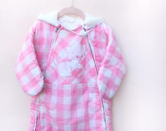 Vintage Baby Snow Bunting / Pink Buffalo Check Kitty Snow Bunting / Size 6-9 Months