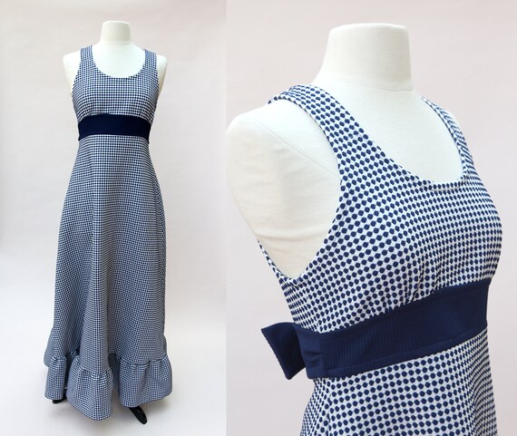 Vintage 70s Maxi Dress / Navy Blue White Dotted Ma