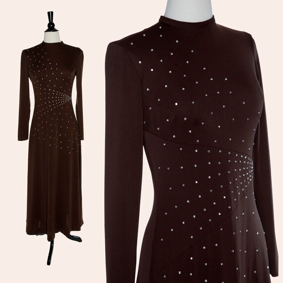 Vintage 70s Maxi Dress / Brown Rhinestone Dress /