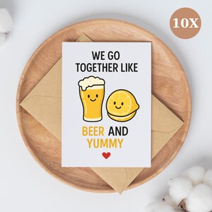 Lindo juego de tarjetas "Amor por la cerveza" - "Nos va bien la cerveza y lo rico" - Tarjetas divertidas para parejas - Paquete de 10 con sobre y pegatina gratis