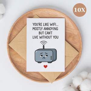 Set di divertenti biglietti d'auguri d'amore con Wi-Fi – Mi piace il Wi-Fi, per lo più fastidioso, ma non posso vivere senza di te – Confezione da 10 con busta e adesivo gratuito
