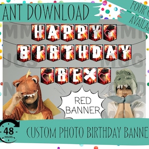 Puede incluir: Una pancarta roja y blanca con las palabras "Happy Birthday Rex" en letras blancas. La pancarta está decorada con un tema de dinosaurio y tiene un fondo rojo. La pancarta está disponible en cuatro colores. La pancarta es una descarga digital y se puede imprimir en casa.