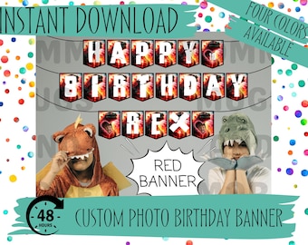 May include: A red and white banner with the words "Happy Birthday Rex" in white letters. The banner is decorated with a dinosaur theme and has a red background. The banner is available in four colors. The banner is a digital download and can be printed at home.
