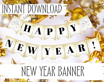 Banner imprimible de Nochevieja / Decoración de Nochevieja de Feliz Año Nuevo 2025 / Descarga instantánea