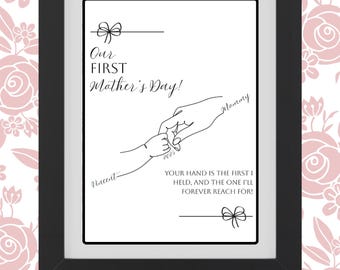 May include: A black framed poster with a white background and a black line drawing of two hands holding each other. The text "Our First Mother's Day!" is written in black cursive font. The text "Vincent" and "Mommy" are written in black cursive font below the hands. The text "Your hand is the first I held, and the one I'll forever reach for!" is written in black font below the hands. The year "2023" is written in black font above the hands. The poster is a custom first mother's day poster print.