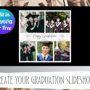 Op de afbeelding: Een computerscherm toont een sjabloon voor een afstudeerdiavoorstelling. De sjabloon bevat foto's van afgestudeerden in toga's en baretten, met de tekst "Happy Graduation" en "Create Your Graduation Slideshow". Een blauwe en paarse cirkel leest "Edit in Canva For Free".