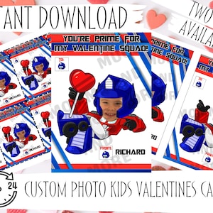 May include: Printable Valentine's Day cards featuring a Transformers character with a red heart lollipop. The cards are customizable with a photo and the text "You're Prime for My Valentine Squad!" and "From: [Name]"