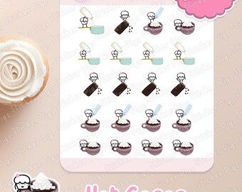 May include: A sheet of stickers featuring a cartoon pig making hot cocoa. The stickers show the pig adding milk, chocolate, and marshmallows to a mug. The sheet is pink and white with the text "Sticker Pigs" and "Hot Cocoa".