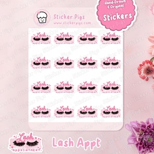May include: Pink and white sticker sheet with 16 stickers that say "Lash Appointment" with a pair of eyelashes and pink hearts. There is a larger sticker at the bottom that says "Lash Appt" with a pair of eyelashes and pink hearts.