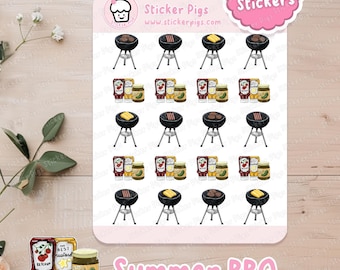 Summer Cookout BBQ-stickers | Matte vinyl planner- en dagboekstickers, stickers sociale bijeenkomsten, BBQ-feest - stickervel Daily Life-thema