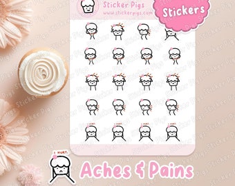 Ouch! Aches and Pains Stickers | Matte Vinyl Journal & Planner Stickers - Emotion, feelings stickers - Cupcake Character Theme Sticker Sheet