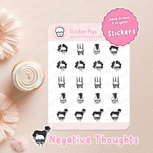 Puede incluir: Una hoja de pegatinas con ilustraciones en blanco y negro de una oveja con una nube de pensamientos negativos sobre su cabeza. Las pegatinas están dispuestas en una cuadrícula y la hoja tiene el texto "Sticker Pigs" y "Negative Thoughts" impreso en ella.