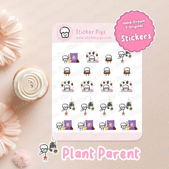 Plant Parent Character Stickers | Matte Vinyl Journal & Planner Stickers - Cupcake Character Garden Theme Sticker Sheet