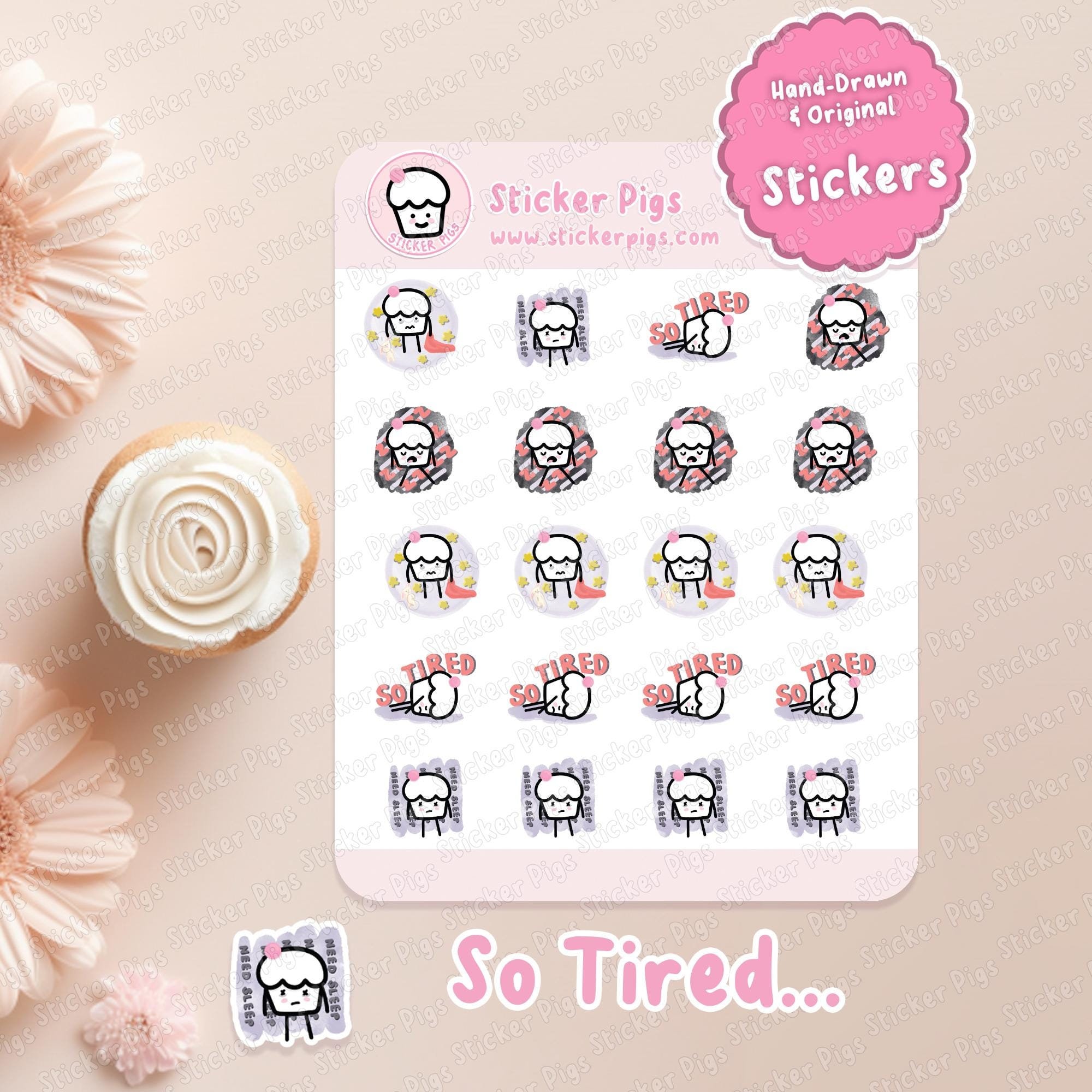 So Tired Character Stickers | Matte Vinyl Journal & Planner Stickers -Mood, Feelings, Mental Health - Cupcake Character Sticker Sheet