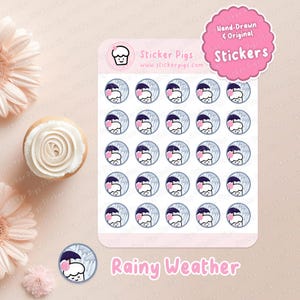 Adesivi con personaggi di cupcake con tempo piovoso - Adesivi per planner - Adesivi per diario - Adesivi in vinile opaco - Foglio di adesivi a tema meteo per cupcake