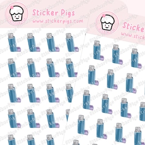 May include: A sheet of stickers featuring a repeating pattern of blue and purple inhalers. The stickers are designed by Sticker Pigs and include the website address www.stickerpigs.com.