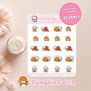 May include: A sheet of stickers featuring a cartoon cupcake character with different autumn-themed activities, including raking leaves, picking pumpkins, and decorating for Halloween. The stickers are on a pink background with the text "Sticker Pigs" and "Pumpkin Patch".