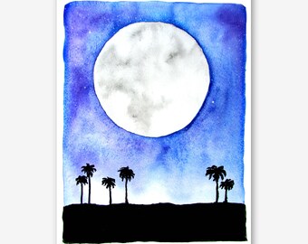 Moonlit Beach Silhouette Art Print, Watercolor Silhouette, Palm Tree Silhouette, Moonlit Florida Landscape, Tropical Landscape, Beach Art