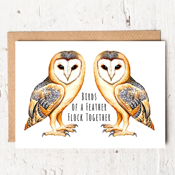 Birds of a Feather Flock Together Card, Bird Lovers Card, Owl Card, Anniversary Card, Valentine's Day Card, Bird Card, Owls, Barn Owl Card