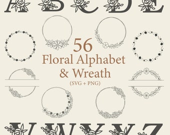 Floral Alphabet SVG: Split Monogram, Flower Wreath (PNG, SVG)