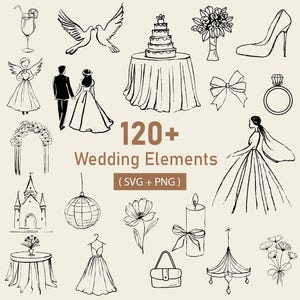 Hand Drawn Wedding Illustration Bundle: SVG, PNG (Digital Download)