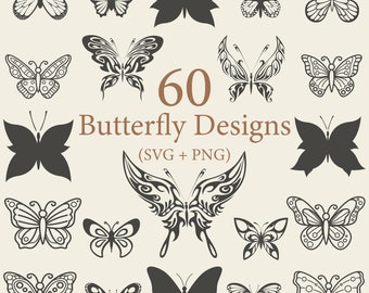 May include: A collection of 60 black and white butterfly designs, with the text "60 Butterfly Designs (SVG + PNG)" in brown text.