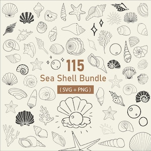Könnte beinhalten: Eine Schwarzweißillustration von 115 verschiedenen Muschel-Designs. Der Text "115 Sea Shell Bundle (SVG + PNG)" befindet sich in der Mitte des Bildes.