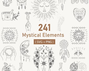 May include: A set of 241 mystical elements, including a sun, moon, cat, dreamcatcher, butterfly, crystal, and more. The elements are in black and white line art style. The text "241 Mystical Elements (SVG + PNG)" is included in the image.