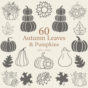60 Folhas de Outono e Abóboras: Arte em Linha: Clipart SVG de Outono (PNG)