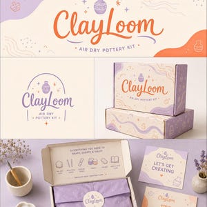 May include: A ClayLoom air dry pottery kit featuring a branded cardboard box with purple and orange wavy patterns, a set of sculpting tools, air dry clay, a paint palette, and instructional cards with the text Let's Get Creating.