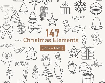 Christmas Line Art Clipart Bundle: Holiday Doodles (SVG, PNG Digital Download