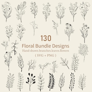 May include: A set of 130 hand-drawn floral bundle designs, including branches, leaves, and flowers. The designs are in black and white and are perfect for creating invitations, cards, and other projects.