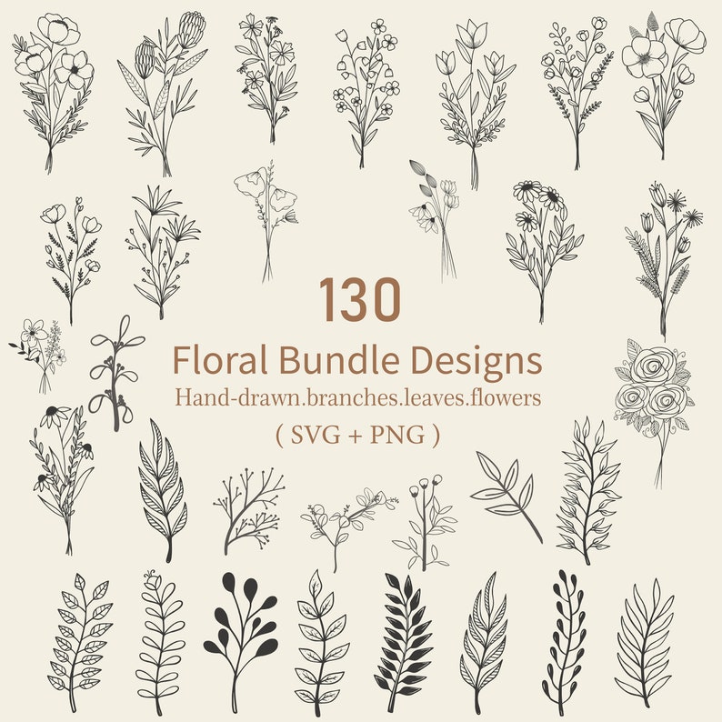 May include: A set of 130 hand-drawn floral bundle designs, including branches, leaves, and flowers. The designs are in black and white and are perfect for creating invitations, cards, and other projects.